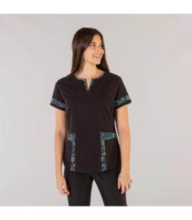 Blusa da donna a maniche corte bianca e nera con dettagli stampati, in MICROFIBRA OLGA UNIFORMES GARY'S 660700.