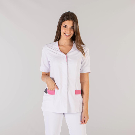 Blusa de mujer para labores sanitarias, diseño blanco con detalles de color, tejido MICROFIBRA CRIS UNIFORMES GARY'S 662500