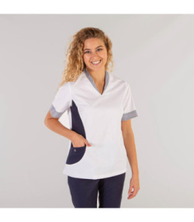 Blusa da donna con dettagli vichy sulle maniche e colore sui lati, tessuto SARGA BIANCA NOEMÍ UNIFORMES GARY'S 662600.
