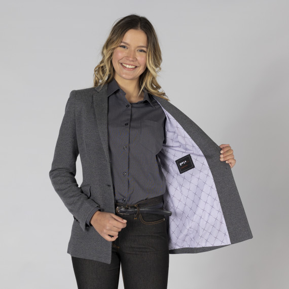 Veste américaine pour femme avec 2 boutons et col à revers gris marengo, tissu KNITSUIT UNIFORMES GARY'S 800023.