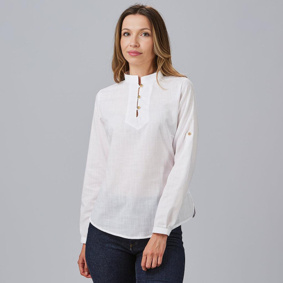 Camisa cuello mao y manga regulable para mujer, tejido falso lino de algodón y poliéster FLORA UNIFORMES GARY'S 243600