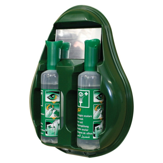 Stazione murale con specchio 2 bottiglie di emergenza Lavaggio di emergenza Lesioni meccaniche 500 ml - 0,9% Saline sterile - A1
