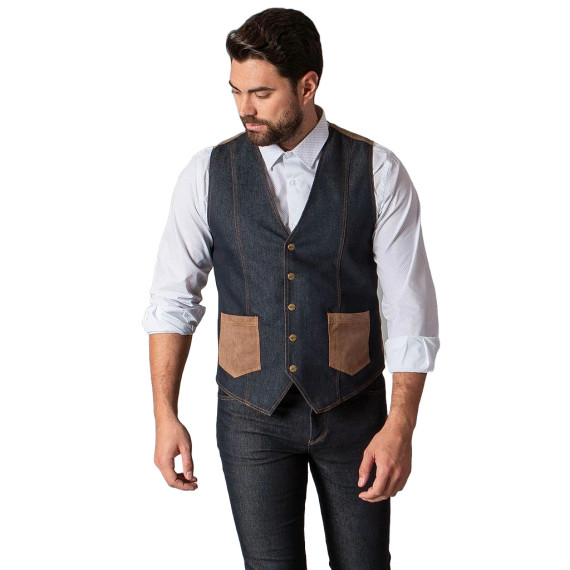 Men's fitted vest with buttons and pockets, ELASTIC DENIM fabric FIRE UNIFORMS GARY'S 994800