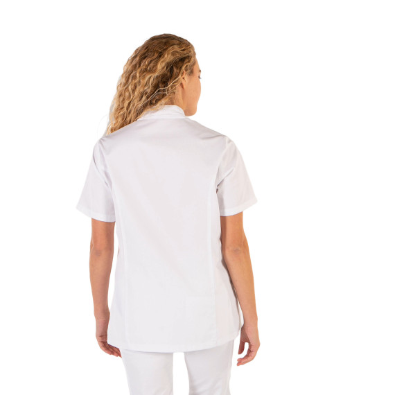 Blouse femme blanche avec col mao et poches, en tissu SARGA avec détails COOLMAX MAITE UNIFORMES GARY'S 659800.