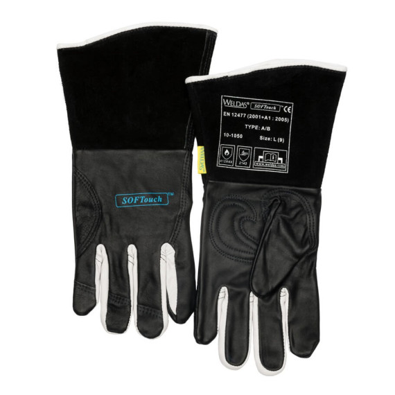 Handschuh-Tig-Softouch-Schwarz-Kuhleder. Weißes Ziegenleder auf Finger