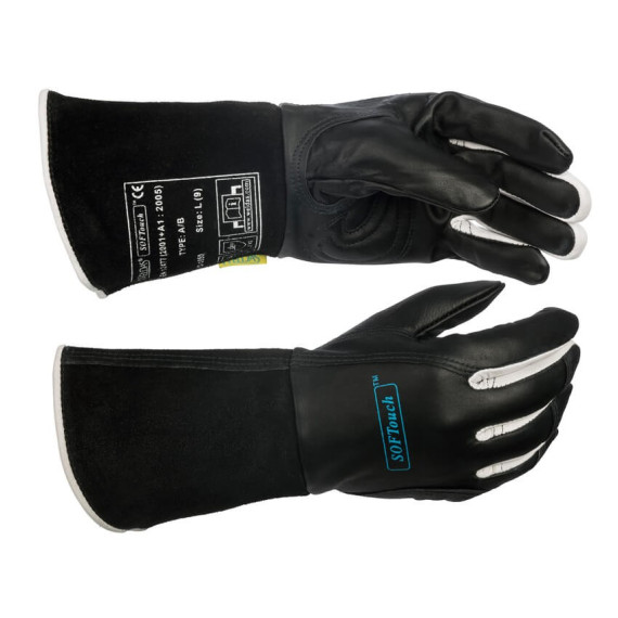 Luva Tig Softouch Couro de vaca preto. Couro branco cabra no dedo
