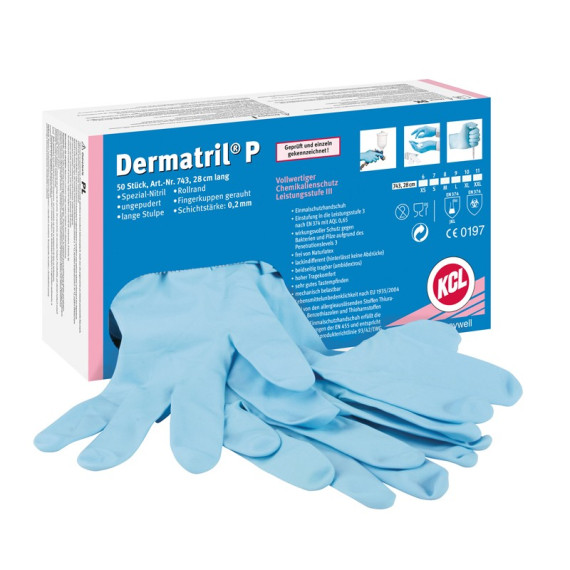 Nitrile Gloves 29cm EN388 EN374-JKLOPT Blue Dermatril, 50 GP743 Safetop Case