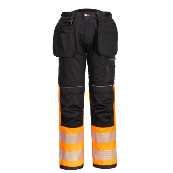 PW3 black pants with fluorescent ends, reflective strips, holster pockets PORTWEST PW307