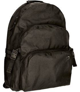 Large capacity backpack with a top handle and spacious pockets, black color, made of polyester and PVC VALENTO WERPAT.