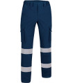 Blue multi-pocket work pants with Enhanced Visibility featuring two reflective strips EN13688 and EN17353 VALENTO NAOS.