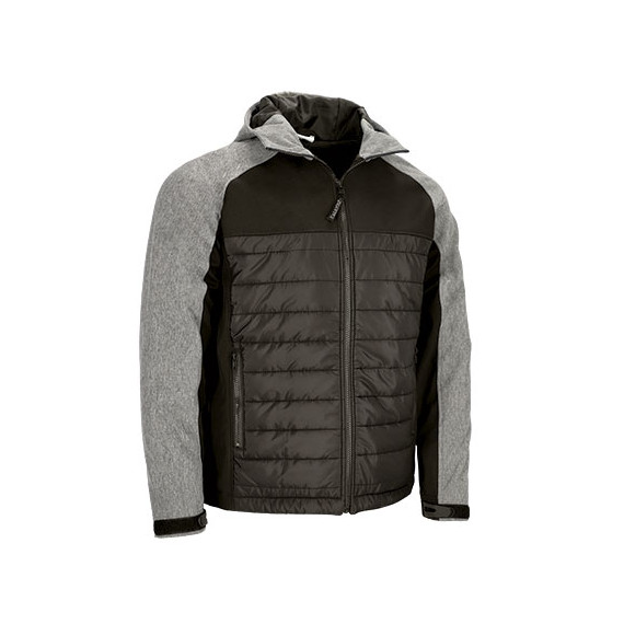 Padded softshell jacket with bicolor design in grey and black, VALENTO BERING hood