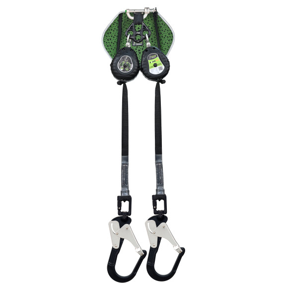 Double retractable fall arrest device with 2.40 m cords, 2 scaffolding hooks and energy absorber in back pouch SPILO-S2 KRATOS S
