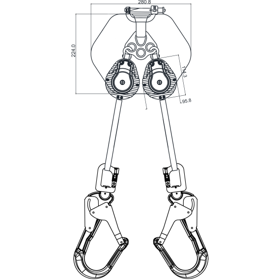 Double retractable fall arrest device with 2.40 m cords, 2 scaffolding hooks and energy absorber in back pouch SPILO-S2 KRATOS S