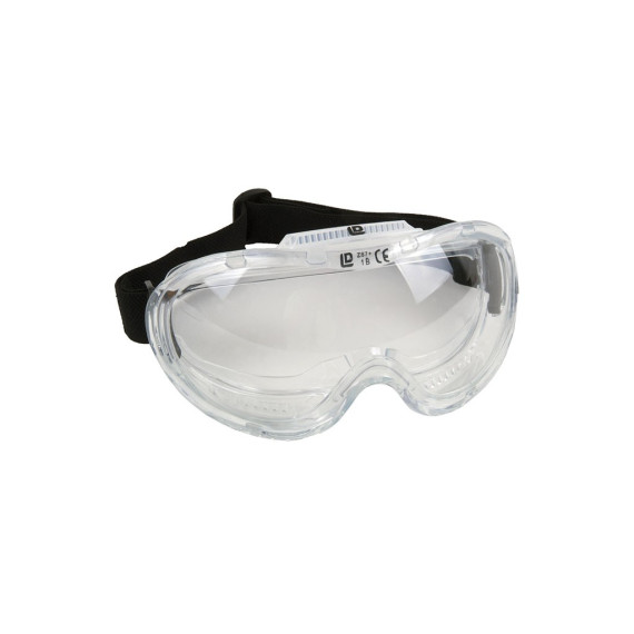 Vista panoramica di occhiali di sicurezza, trasparente con vestibilità elastica.