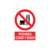 Prohibido comer y beber, señal de texto y pictograma COFAN