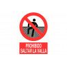 Forbidden to jump over the fence, prohibition sign text and pictogram COFAN