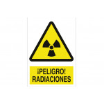 Señal advertencia pictorama y texto - ¡Peligro! radiaciones