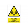 Warning signal Hazard! electromagnetic field (text and pictogram)