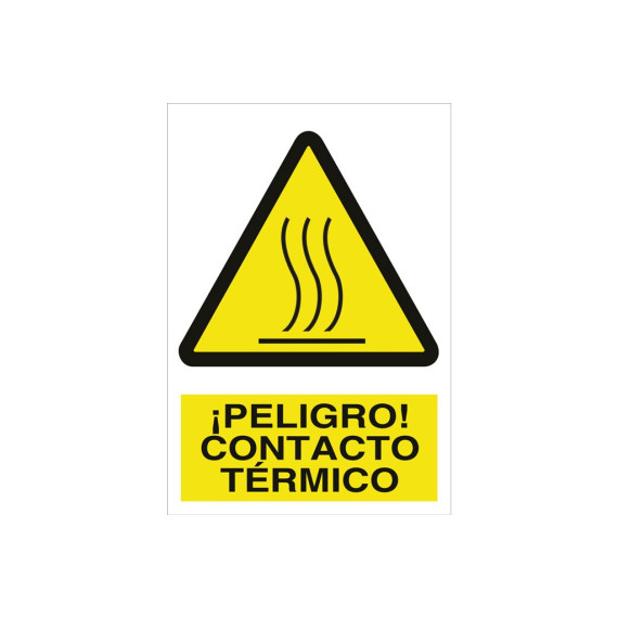 Señal advertencia pictorama y texto - ¡Peligro! contacto térmico