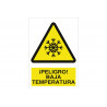 Sinal de aviso com texto e pictograma Perigo! baixa temperatura COFAN