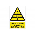 Señal advertencia pictorama y texto - ¡Peligro! cortes de manos