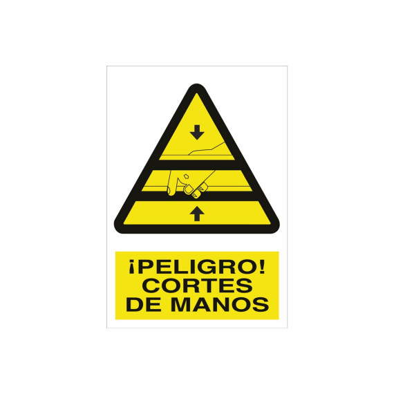 Señal advertencia pictorama y texto - ¡Peligro! cortes de manos