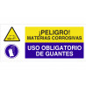 Text sign and pictogram Danger corrosive materials, mandatory use of gloves COFAN