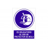 Sign indicating Mandatory use of mola protector with COFAN pictogram