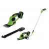 Battery-powered hand-held hedge trimmer kit with extension and wheels.