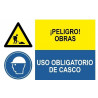 Combinado de sinais Construções perigosas Uso obrigatório de capacete (texto e pictograma)