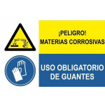 Pericolo combinato pericolo pericolo materiali corrosivi e guanti d'uso obbligatori