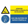 Segnale combinato Attenzione radiazioni ultraviolette di saldatura, Uso obbligatorio di occhiali o schermo SEKURECO