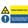 Signo de perigo e obrigação Zona radioactiva Uso obrigatório de vestuário de protecção
