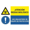 Panneau combiné Attention risque biologique, Utilisation obligatoire des équipements de protection SEKURECO