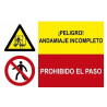 Señal de seguridad Peligro andamiaje incompleto, prohibido el paso (2 señales en 1) SEKURECO