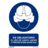 Placa indicando que o uso de capacete, óculos e proteção acústica é obrigatório SEKURECO