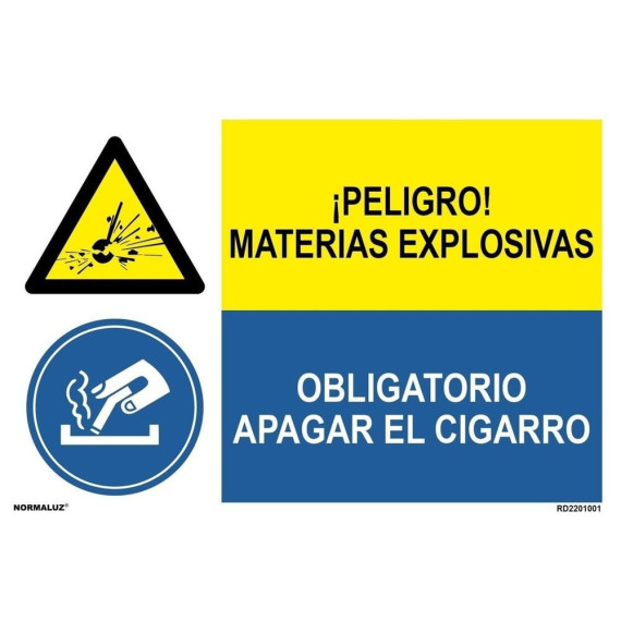 Señal combinada peligro materias explosivas y obligatorio no cigarro