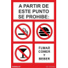 A partir de este punto se prohibe: fumar, comer y beber, cartel de prohibición SEKURECO