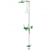 Pedestal-mounted safety station - Hand and foot operation, stainless steel container
