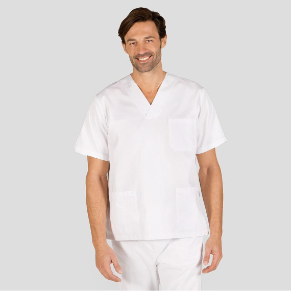 Unisex sanitary blouse closed with Gary's peak-neck