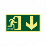 Pictograma de salida de emergencia con flecha hacia abajo a la derecha.
