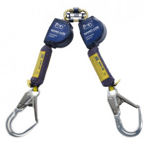 SRL con cinch Nano-Lok XL Doppio ramo, impalcature in alluminio, ganci di apertura di 57 mm. Connettore diretto per imbracatura 