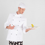 Chef jacket with pacifier buttons to choose Gary's Nice