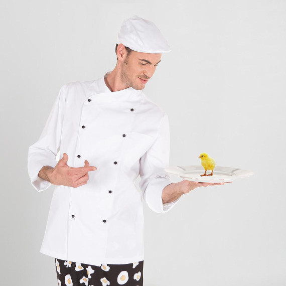 Chef jacket with pacifier buttons to choose Gary's Nice