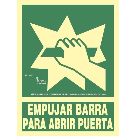 Señal de seguridad Empujar barra para abrir la puerta en aluminio Clase A fotoluminescente 210 x 300 mm SEKURECO