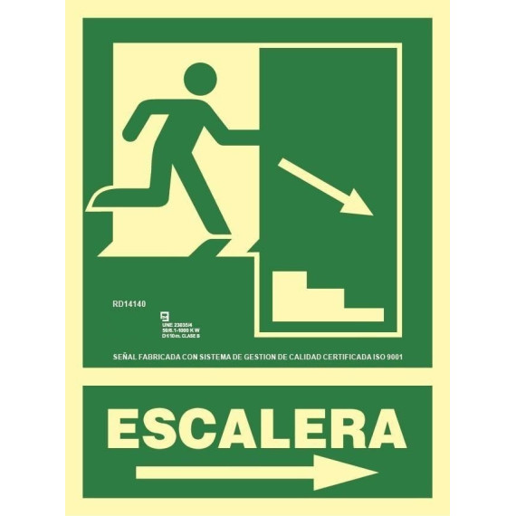 Sinal Escada Descida Direita em alumínio Classe A 210 x 300 mm SEKURECO