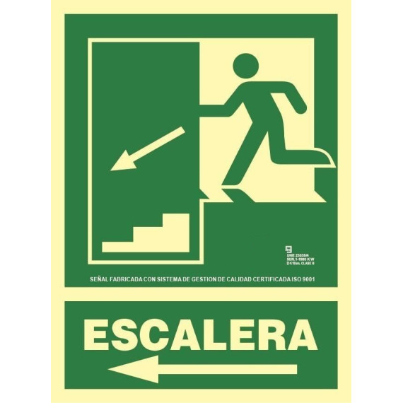 Sinal de evacuação Escada Descida Esquerda Alumínio Classe A 210 x 300 mm SEKURECO