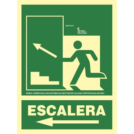 Sinal de evacuação Escada Subida Esquerda Alumínio Classe A 210 x 300 mm SEKURECO