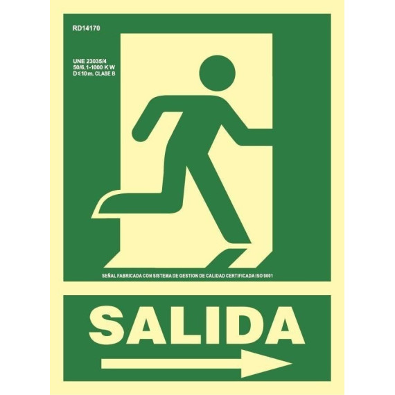 Signal de Sortie avec flèche droite 210 x 300 mm Aluminium Classe A SEKURECO