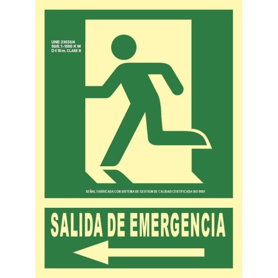 Cartel de Salida de Emergencia recorrido izquierda Aluminio Clase A 210 x 300 mm luminiscente SEKURECO